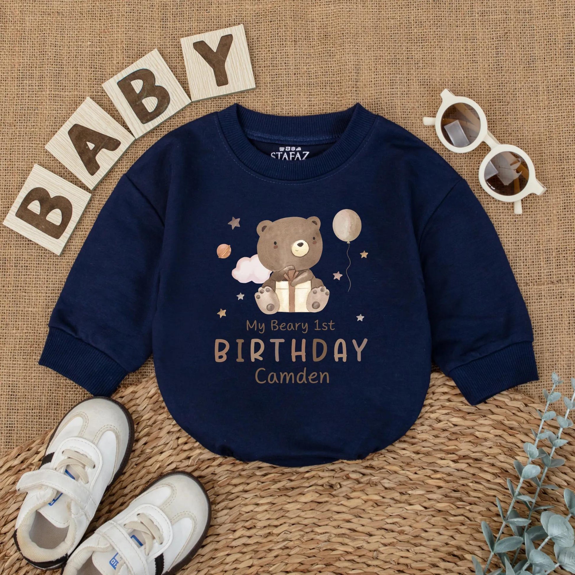 Custom Beary 1st Birthday Romper for Baby Camden with Gold Gift Box and Pink Cloud Design Whimsical Smash Cake Outfit Neutral Boy Girl Gift