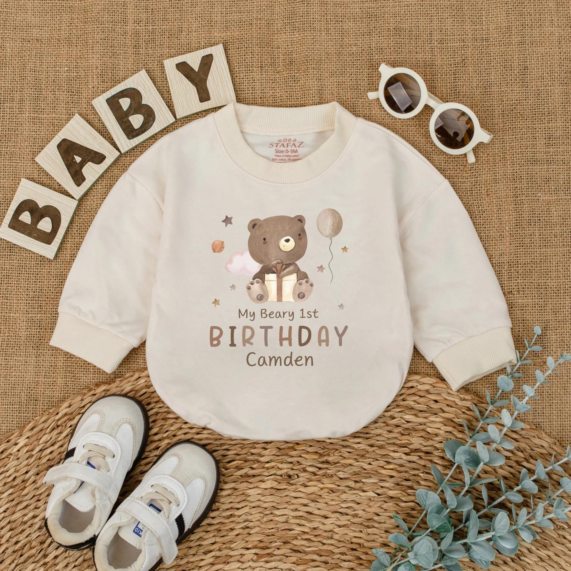 Custom Beary 1st Birthday Romper for Baby Camden with Gold Gift Box and Pink Cloud Design Whimsical Smash Cake Outfit Neutral Boy Girl Gift