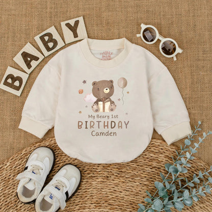 Custom Beary 1st Birthday Romper for Baby Camden with Gold Gift Box and Pink Cloud Design Whimsical Smash Cake Outfit Neutral Boy Girl Gift