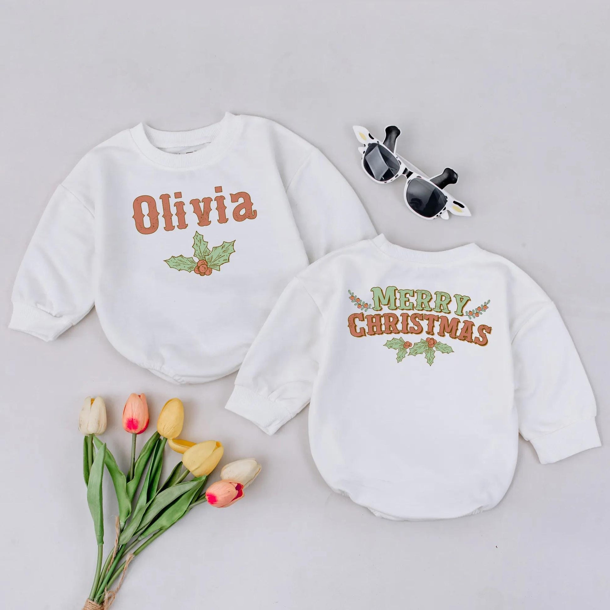 Personalized Retro Christmas Romper, Olivia or Merry Christmas Bodysuit, Custom Vintage Style Holiday Outfit, Baby's First Xmas Gift Set, Soft Cotton (139 chars)
