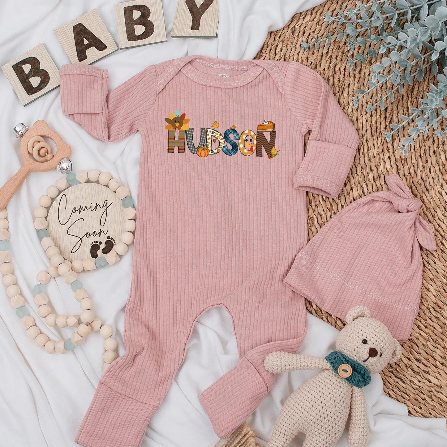 Hudson Personalized Thanksgiving Baby Bodysuit, Little Turkey Fall Outfit, First Thanksgiving, Autumn Leaves, Pumpkin Pie Baby Shower Gift