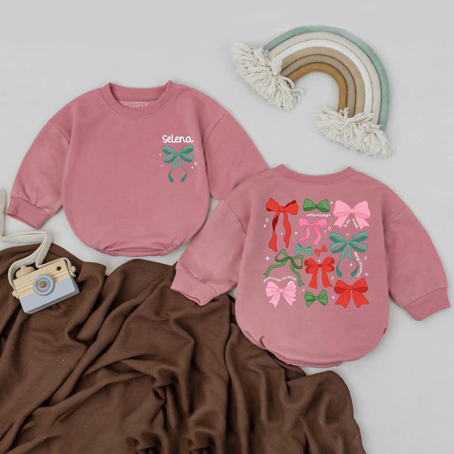 Personalized Selena Christmas Bow Romper, Baby's First Christmas Outfit, Custom Name Girl's Bodysuit, Festive Holiday Baby Shower Gift
