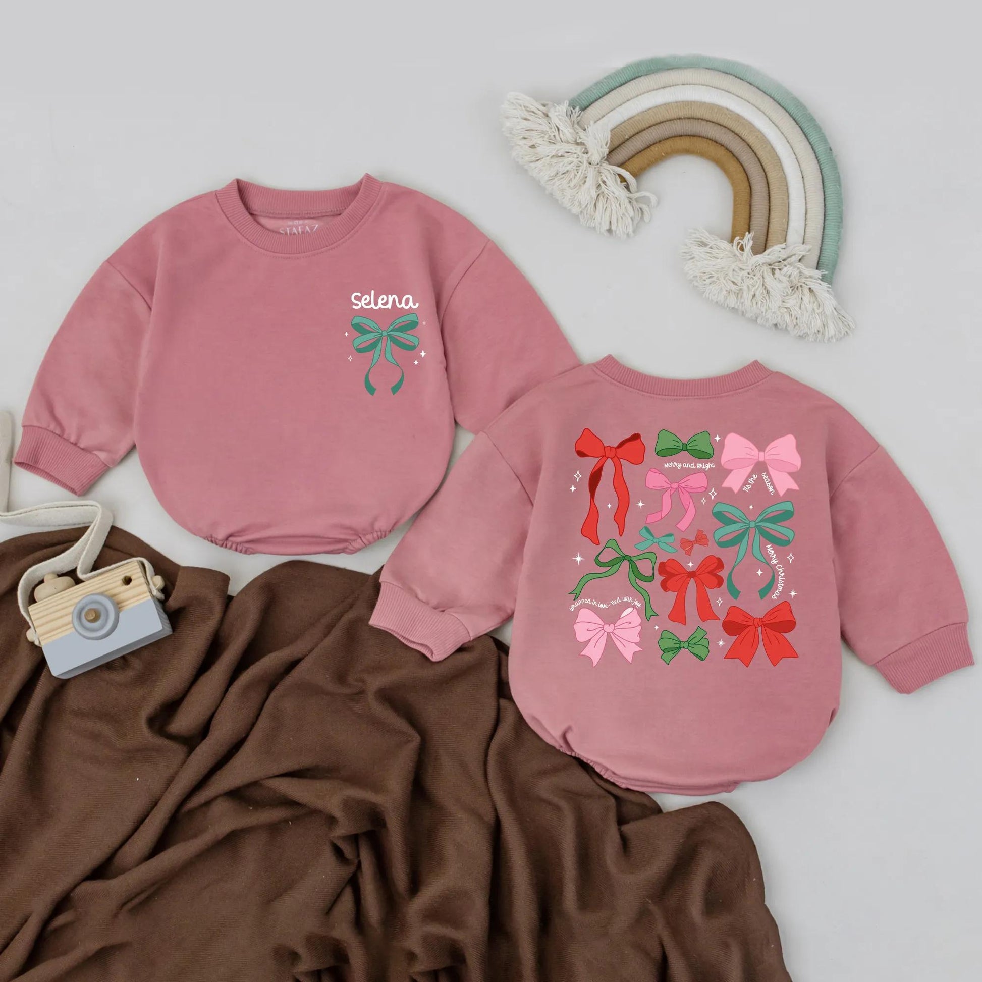 Personalized Selena Christmas Bow Romper, Baby's First Christmas Outfit, Custom Name Girl's Bodysuit, Festive Holiday Baby Shower Gift