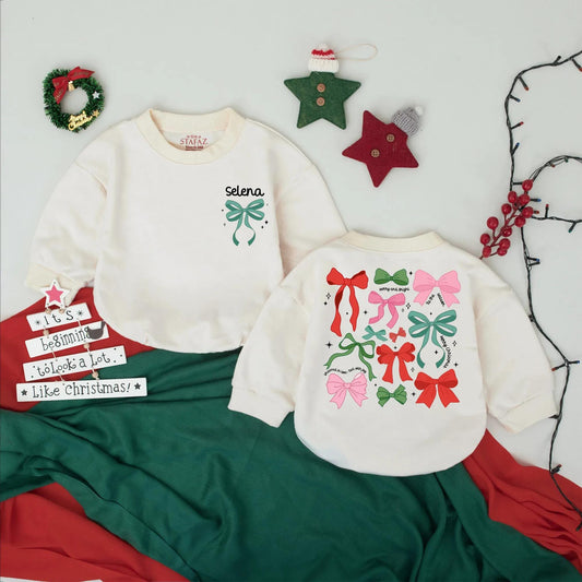 Personalized Selena Christmas Bow Romper, Baby's First Christmas Outfit, Custom Name Girl's Bodysuit, Festive Holiday Baby Shower Gift