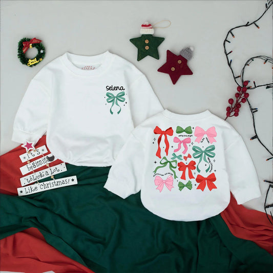Personalized Selena Christmas Bow Romper, Baby's First Christmas Outfit, Custom Name Girl's Bodysuit, Festive Holiday Baby Shower Gift