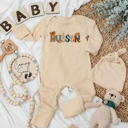 Hudson Personalized Thanksgiving Baby Bodysuit, Little Turkey Fall Outfit, First Thanksgiving, Autumn Leaves, Pumpkin Pie Baby Shower Gift