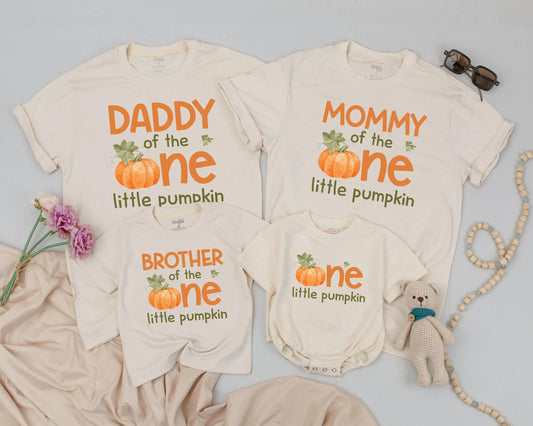 Our Little Pumpkin Is One Matching Family Shirts Retro Fall Pumpkin Birthday Party Outfits Daddy Mommy Brother Vintage Inspired