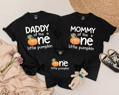 Our Little Pumpkin Is One Matching Family Shirts Retro Fall Pumpkin Birthday Party Outfits Daddy Mommy Brother Vintage Inspired