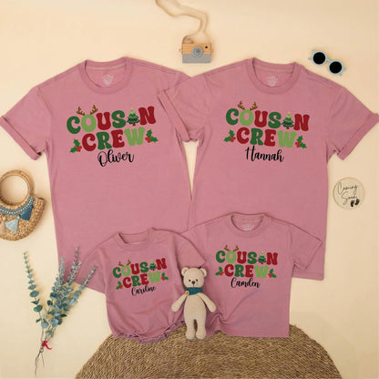 Personalized Christmas Cousin Crew Matching Family Holiday Shirt with Name Antlers Holly Berries Green Red Toddler Kids Festive Gathering T-shirt