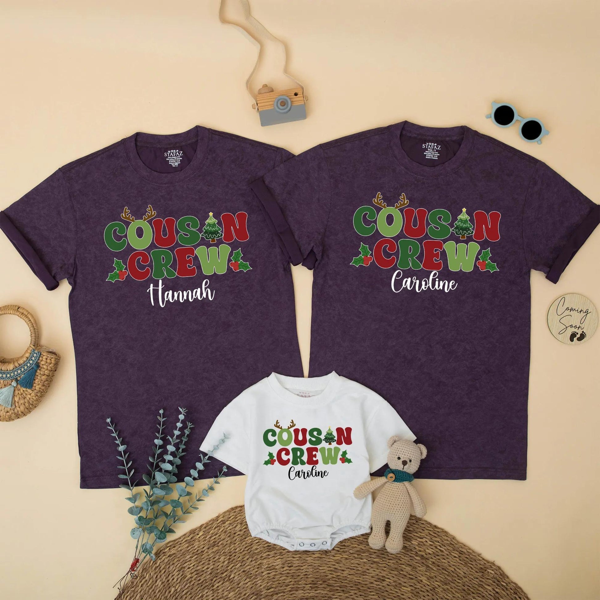 Personalized Christmas Cousin Crew Matching Family Holiday Shirt with Name Antlers Holly Berries Green Red Toddler Kids Festive Gathering T-shirt