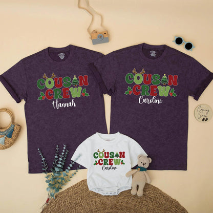 Personalized Christmas Cousin Crew Matching Family Holiday Shirt with Name Antlers Holly Berries Green Red Toddler Kids Festive Gathering T-shirt