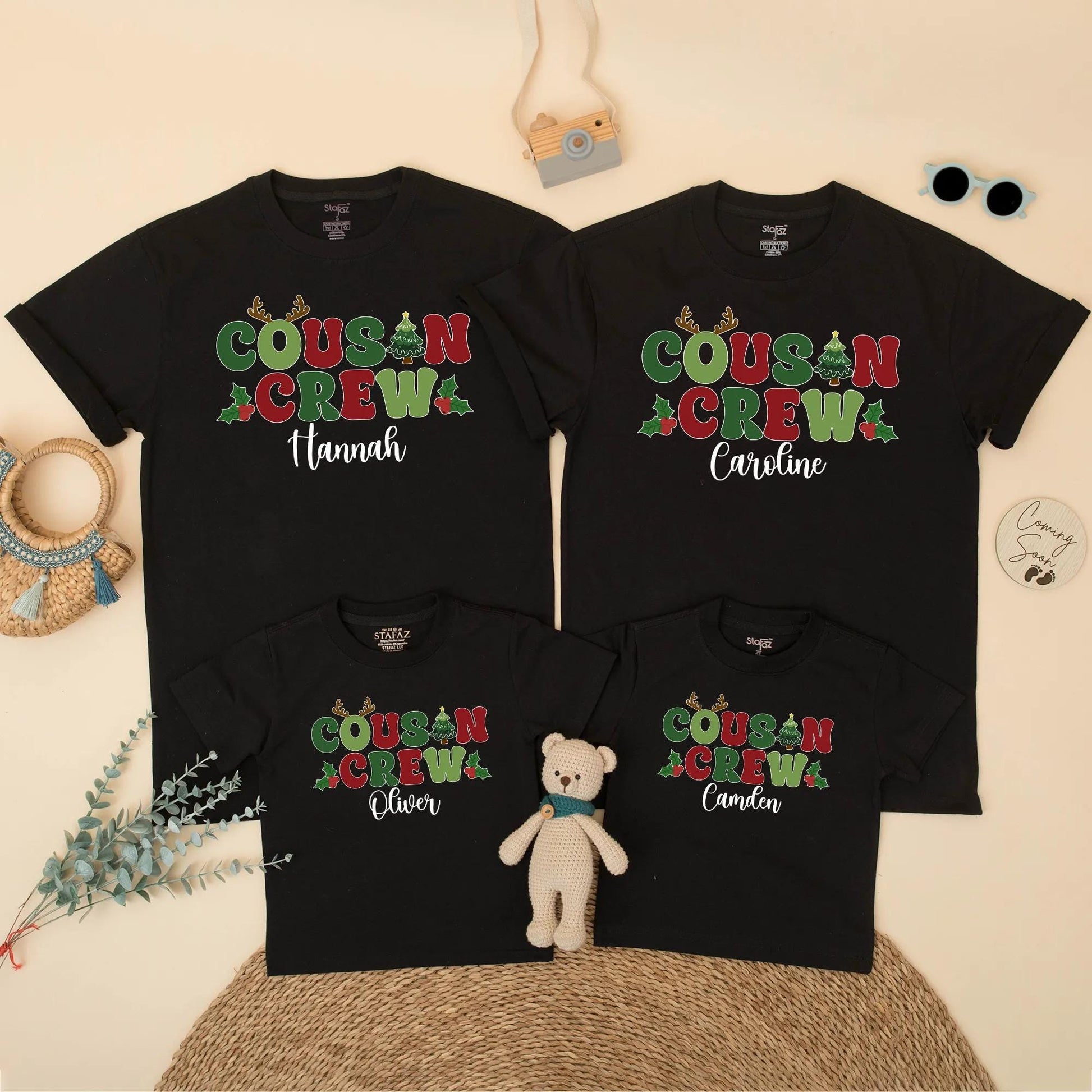 Personalized Christmas Cousin Crew Matching Family Holiday Shirt with Name Antlers Holly Berries Green Red Toddler Kids Festive Gathering T-shirt