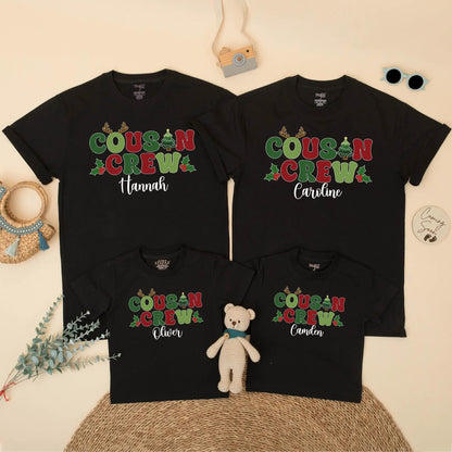 Personalized Christmas Cousin Crew Matching Family Holiday Shirt with Name Antlers Holly Berries Green Red Toddler Kids Festive Gathering T-shirt