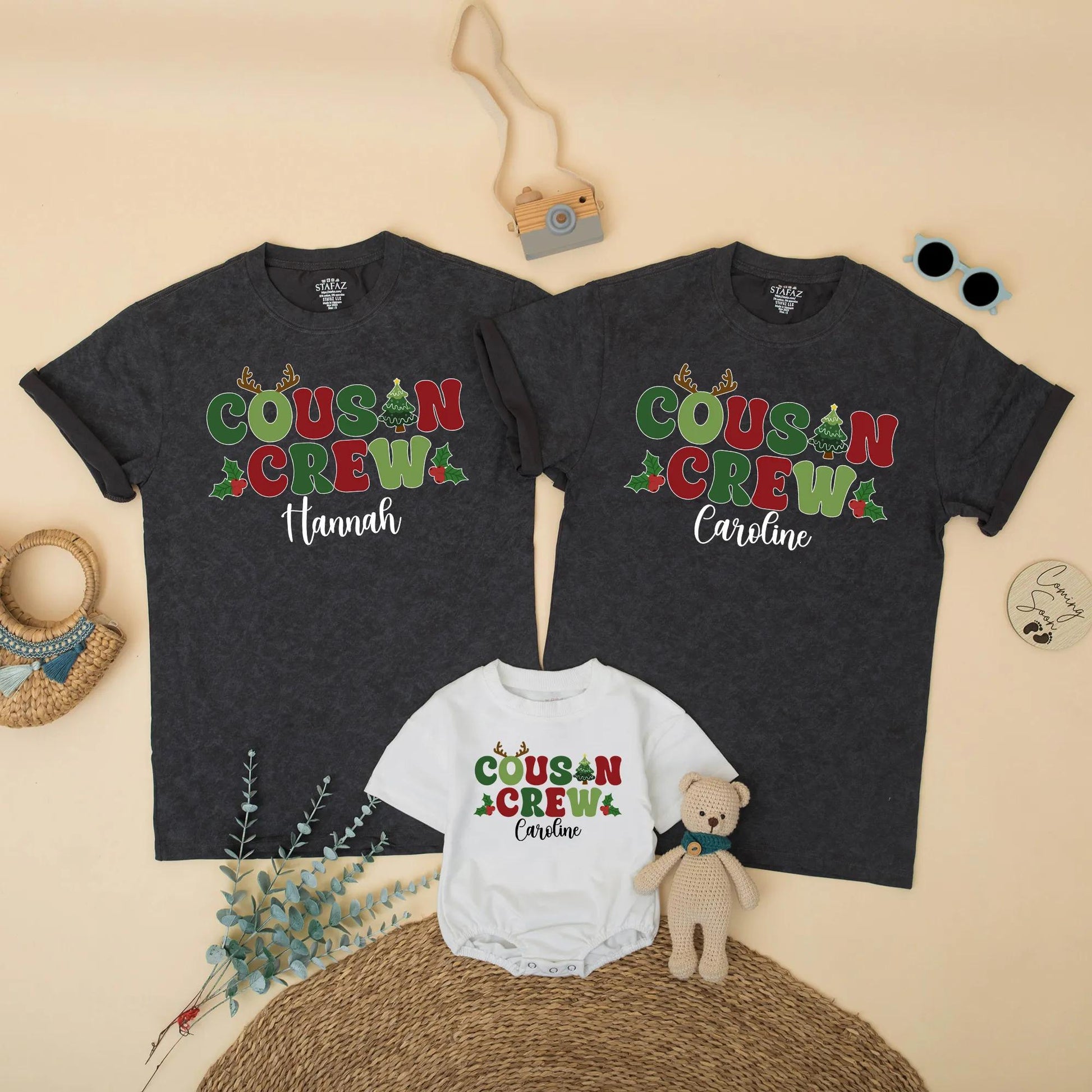 Personalized Christmas Cousin Crew Matching Family Holiday Shirt with Name Antlers Holly Berries Green Red Toddler Kids Festive Gathering T-shirt