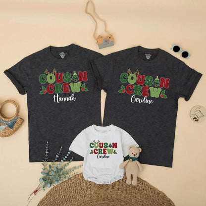 Personalized Christmas Cousin Crew Matching Family Holiday Shirt with Name Antlers Holly Berries Green Red Toddler Kids Festive Gathering T-shirt