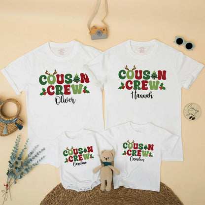 Personalized Christmas Cousin Crew Matching Family Holiday Shirt with Name Antlers Holly Berries Green Red Toddler Kids Festive Gathering T-shirt