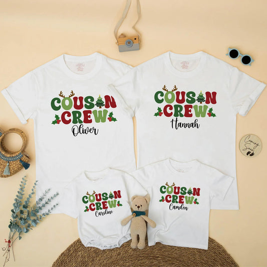 Personalized Christmas Cousin Crew Matching Family Holiday Shirt with Name Antlers Holly Berries Green Red Toddler Kids Festive Gathering T-shirt