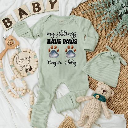 My Siblings Have Paws Baby Bodysuit: Custom Dog Name Outfit, Newborn Clothes, Paw Prints, Cooper & Toby Heart, Baby Shower Gift for Pet Lovers
