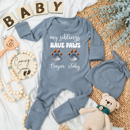 My Siblings Have Paws Baby Bodysuit: Custom Dog Name Outfit, Newborn Clothes, Paw Prints, Cooper & Toby Heart, Baby Shower Gift for Pet Lovers