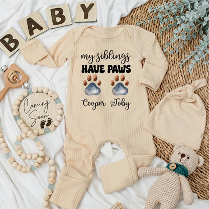 My Siblings Have Paws Baby Bodysuit: Custom Dog Name Outfit, Newborn Clothes, Paw Prints, Cooper & Toby Heart, Baby Shower Gift for Pet Lovers