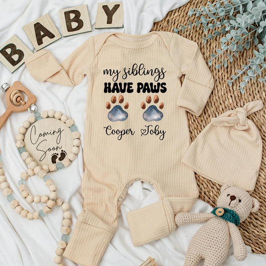 My Siblings Have Paws Baby Bodysuit: Custom Dog Name Outfit, Newborn Clothes, Paw Prints, Cooper & Toby Heart, Baby Shower Gift for Pet Lovers