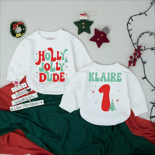 Personalized Holly Jolly Dude 1st Christmas Romper Outfit for Baby Boy, Custom Name Holiday Bodysuit, Xmas Gift, Newborn