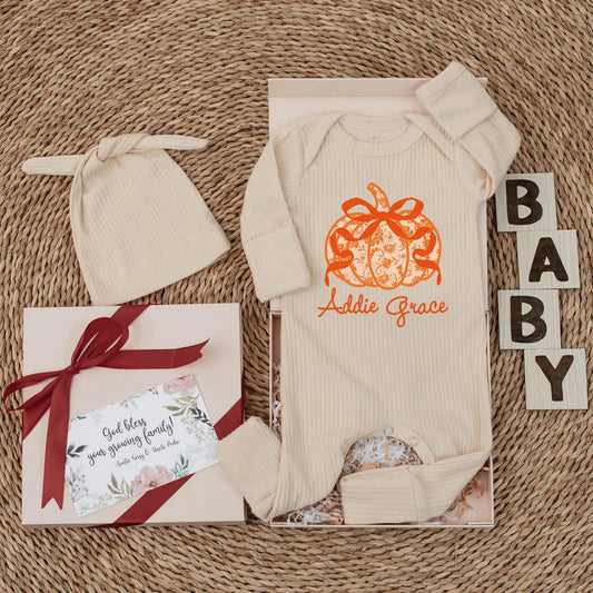 Addie Grace Personalized Bow Pumpkin Baby Girl Bodysuit Cute Orange Floral Autumn Thanksgiving Newborn Outfit First Birthday Gift