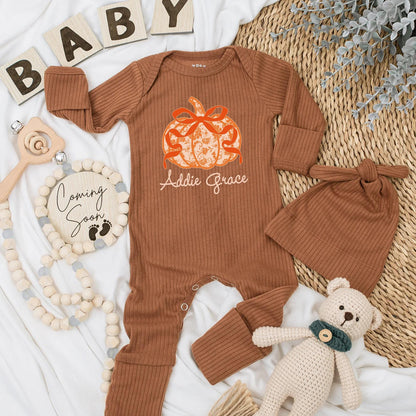 Addie Grace Personalized Bow Pumpkin Baby Girl Bodysuit Cute Orange Floral Autumn Thanksgiving Newborn Outfit First Birthday Gift