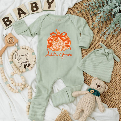 Addie Grace Personalized Bow Pumpkin Baby Girl Bodysuit Cute Orange Floral Autumn Thanksgiving Newborn Outfit First Birthday Gift