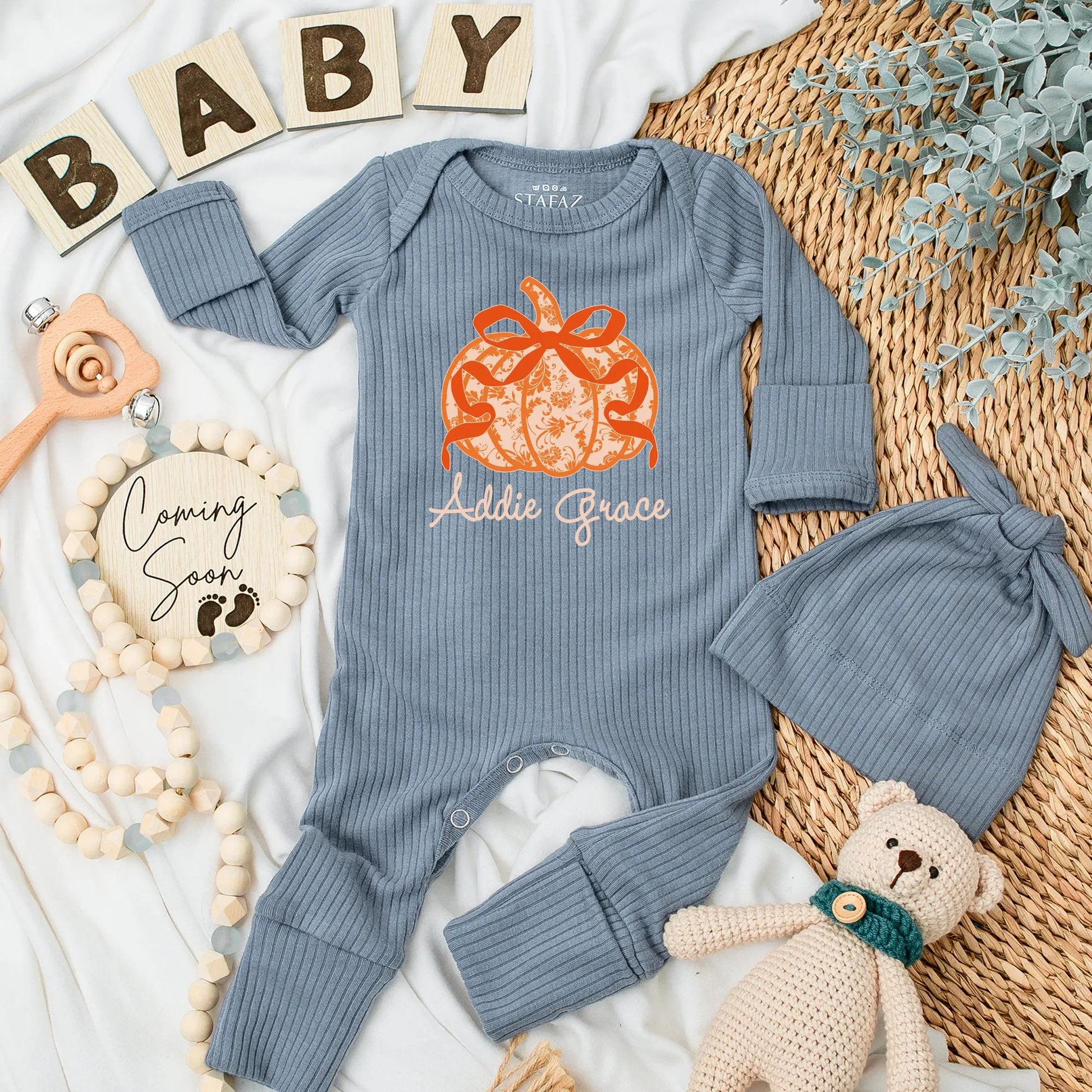 Addie Grace Personalized Bow Pumpkin Baby Girl Bodysuit Cute Orange Floral Autumn Thanksgiving Newborn Outfit First Birthday Gift