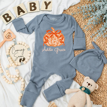 Addie Grace Personalized Bow Pumpkin Baby Girl Bodysuit Cute Orange Floral Autumn Thanksgiving Newborn Outfit First Birthday Gift
