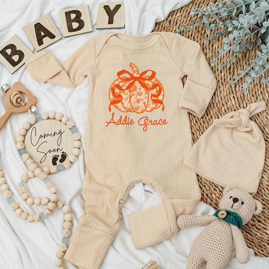 Addie Grace Personalized Bow Pumpkin Baby Girl Bodysuit Cute Orange Floral Autumn Thanksgiving Newborn Outfit First Birthday Gift