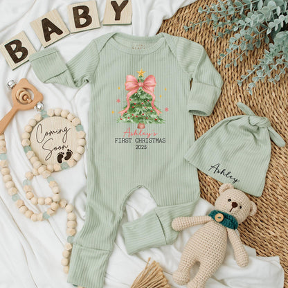 Personalized First Christmas Baby Bodysuit Ashley's 2025, Xmas Tree Outfit with Pink Bow Newborn Gift, My 1st Xmas Clothes Holiday Keepsake 136