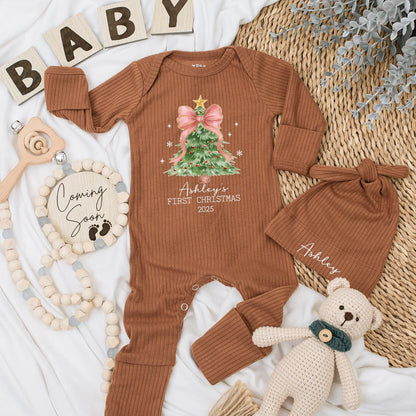 Personalized First Christmas Baby Bodysuit Ashley's 2025, Xmas Tree Outfit with Pink Bow Newborn Gift, My 1st Xmas Clothes Holiday Keepsake 136