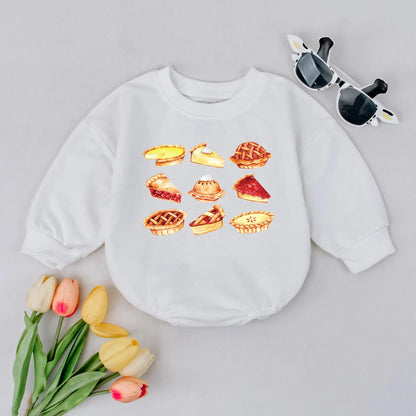Sweet Pumpkin Pie Bubble Romper First Thanksgiving Baby Outfit with whimsical watercolor pie slices newborn infant clothes fall baby shower gift cute coming home outfit