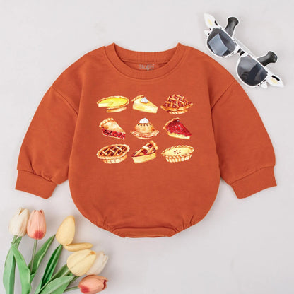 Sweet Pumpkin Pie Bubble Romper First Thanksgiving Baby Outfit with whimsical watercolor pie slices newborn infant clothes fall baby shower gift cute coming home outfit