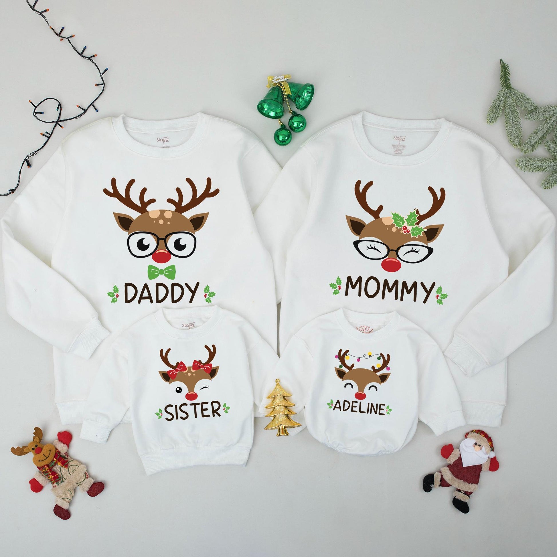 Personalized Reindeer Family Christmas Sweatshirts, Matching Xmas Sweaters for Baby, Toddler, Kids, & Adults, Custom Name Outfits, Festive Deer Apparel