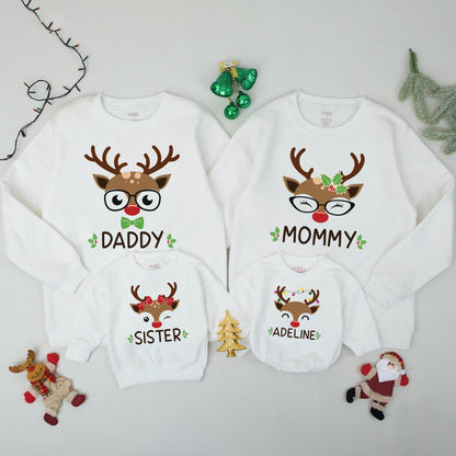 Personalized Reindeer Family Christmas Sweatshirts, Matching Xmas Sweaters for Baby, Toddler, Kids, & Adults, Custom Name Outfits, Festive Deer Apparel