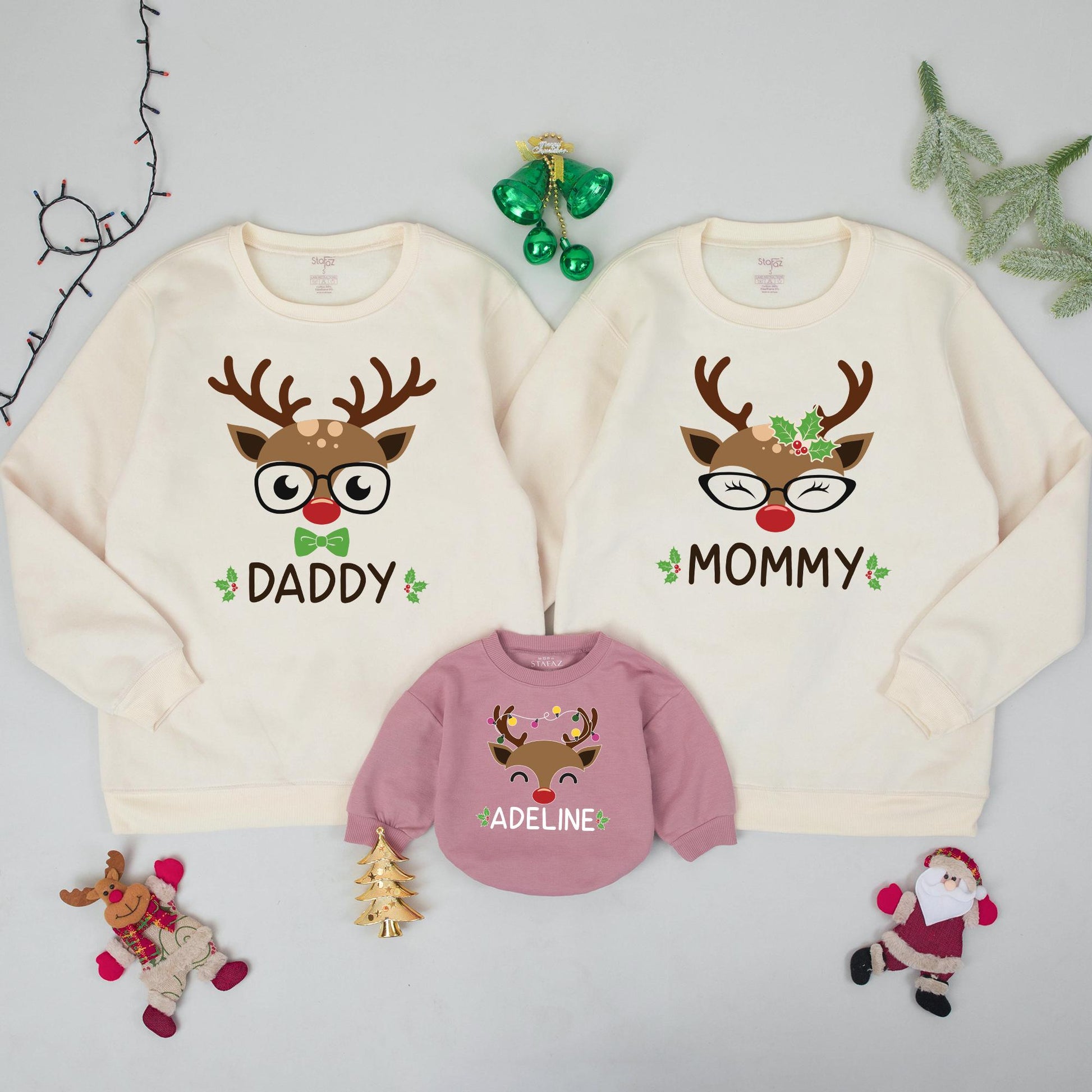 Personalized Reindeer Family Christmas Sweatshirts, Matching Xmas Sweaters for Baby, Toddler, Kids, & Adults, Custom Name Outfits, Festive Deer Apparel
