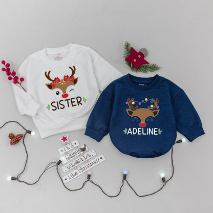 Personalized Reindeer Family Christmas Sweatshirts, Matching Xmas Sweaters for Baby, Toddler, Kids, & Adults, Custom Name Outfits, Festive Deer Apparel