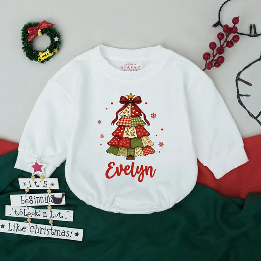 Personalized Baby Christmas Romper: Retro Patchwork Tree "Evelyn" Bodysuit, Vintage Holiday Outfit, Custom Infant Clothes, Coming Home Gift (138 chars)