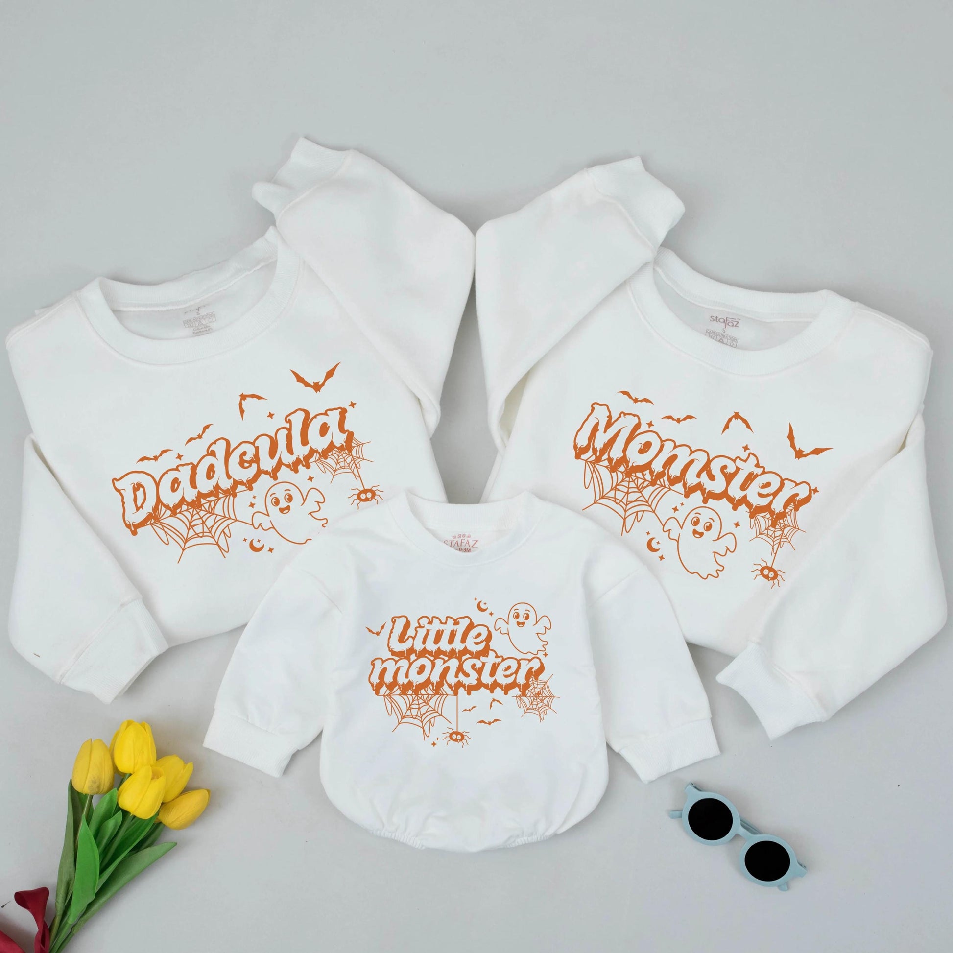 Dadcula Momster Little Monster Matching Halloween Sweatshirts, Playful Family Ghost & Spider Outfits, Cute Cartoon Sweatshirt, Group Halloween Tee, Orange Font