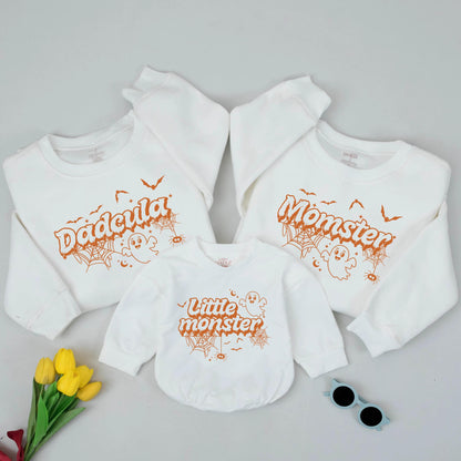 Dadcula Momster Little Monster Matching Halloween Sweatshirts, Playful Family Ghost & Spider Outfits, Cute Cartoon Sweatshirt, Group Halloween Tee, Orange Font