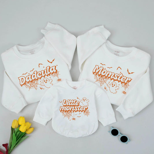Dadcula Momster Little Monster Matching Halloween Sweatshirts, Playful Family Ghost & Spider Outfits, Cute Cartoon Sweatshirt, Group Halloween Tee, Orange Font
