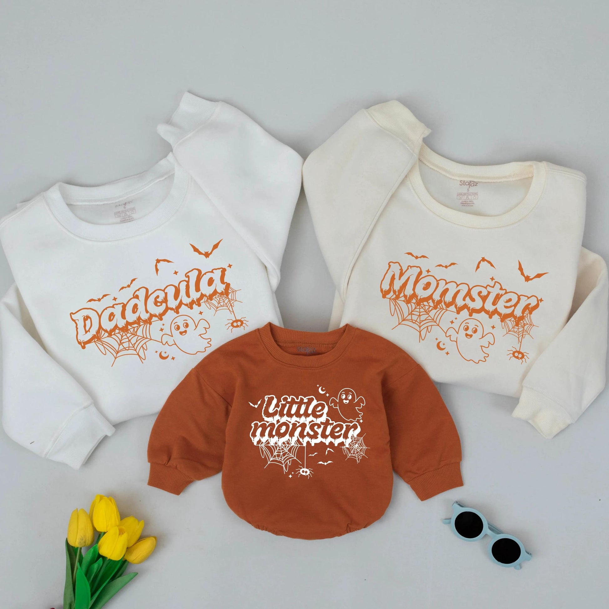Dadcula Momster Little Monster Matching Halloween Sweatshirts, Playful Family Ghost & Spider Outfits, Cute Cartoon Sweatshirt, Group Halloween Tee, Orange Font