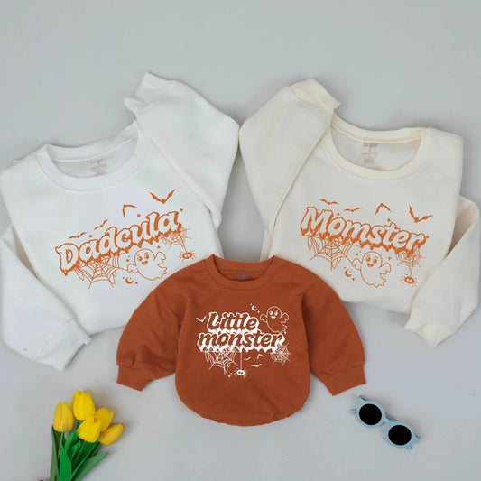 Dadcula Momster Little Monster Matching Halloween Sweatshirts, Playful Family Ghost & Spider Outfits, Cute Cartoon Sweatshirt, Group Halloween Tee, Orange Font