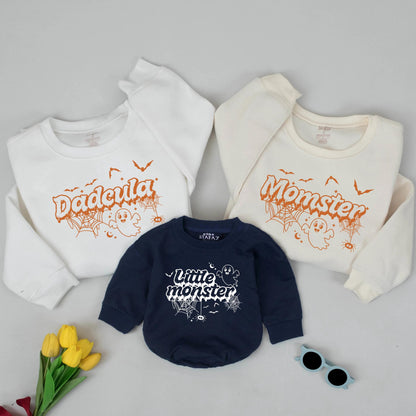 Dadcula Momster Little Monster Matching Halloween Sweatshirts, Playful Family Ghost & Spider Outfits, Cute Cartoon Sweatshirt, Group Halloween Tee, Orange Font