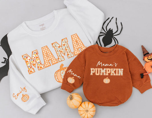 Cozy Fall Mama and Mamas Pumpkin Matching Sweatshirts for Mom and Me Thanksgiving Outfits with Floral Gingham Design and Custom Name Sleeve