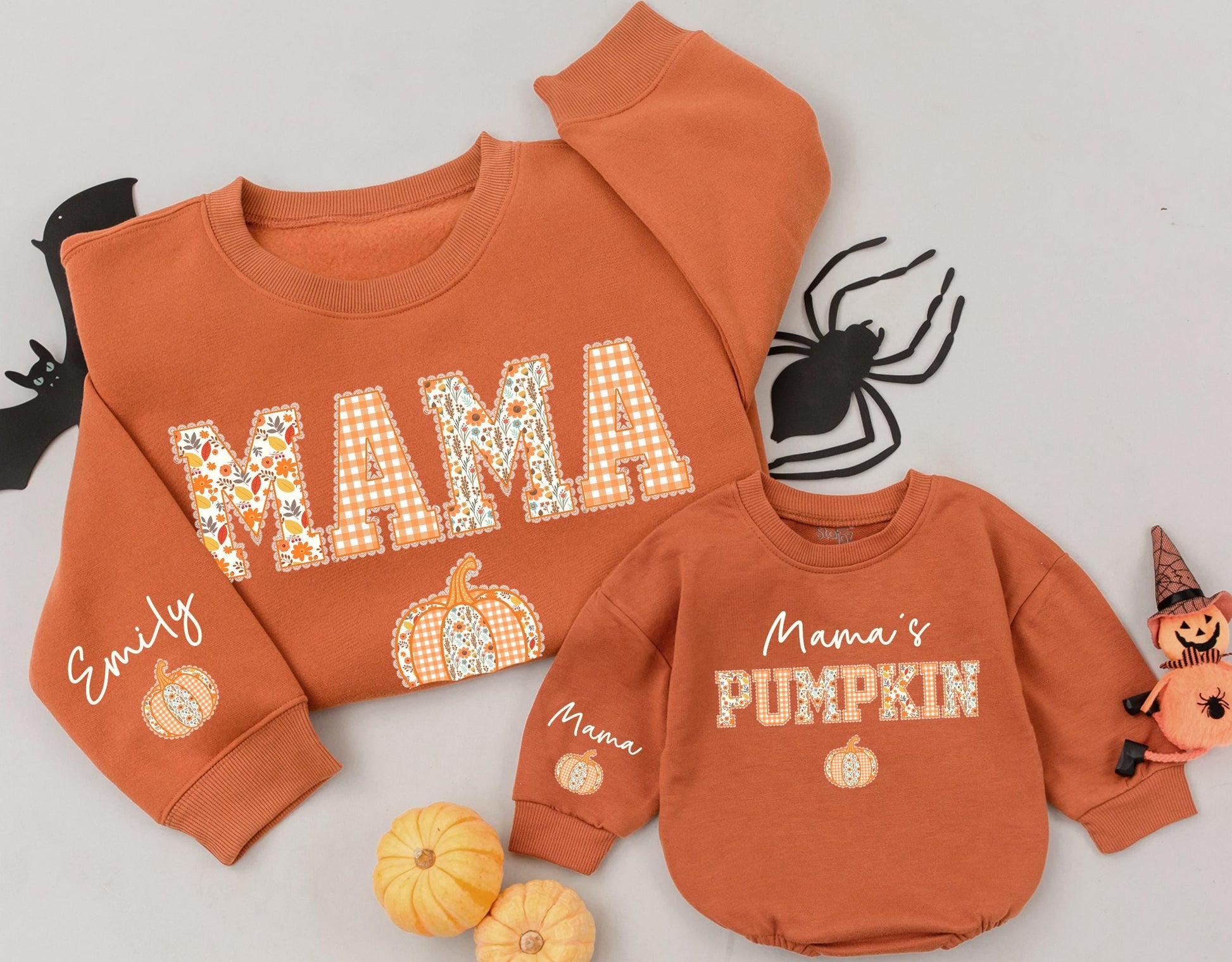 Cozy Fall Mama and Mamas Pumpkin Matching Sweatshirts for Mom and Me Thanksgiving Outfits with Floral Gingham Design and Custom Name Sleeve