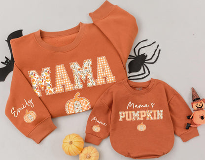 Cozy Fall Mama and Mamas Pumpkin Matching Sweatshirts for Mom and Me Thanksgiving Outfits with Floral Gingham Design and Custom Name Sleeve